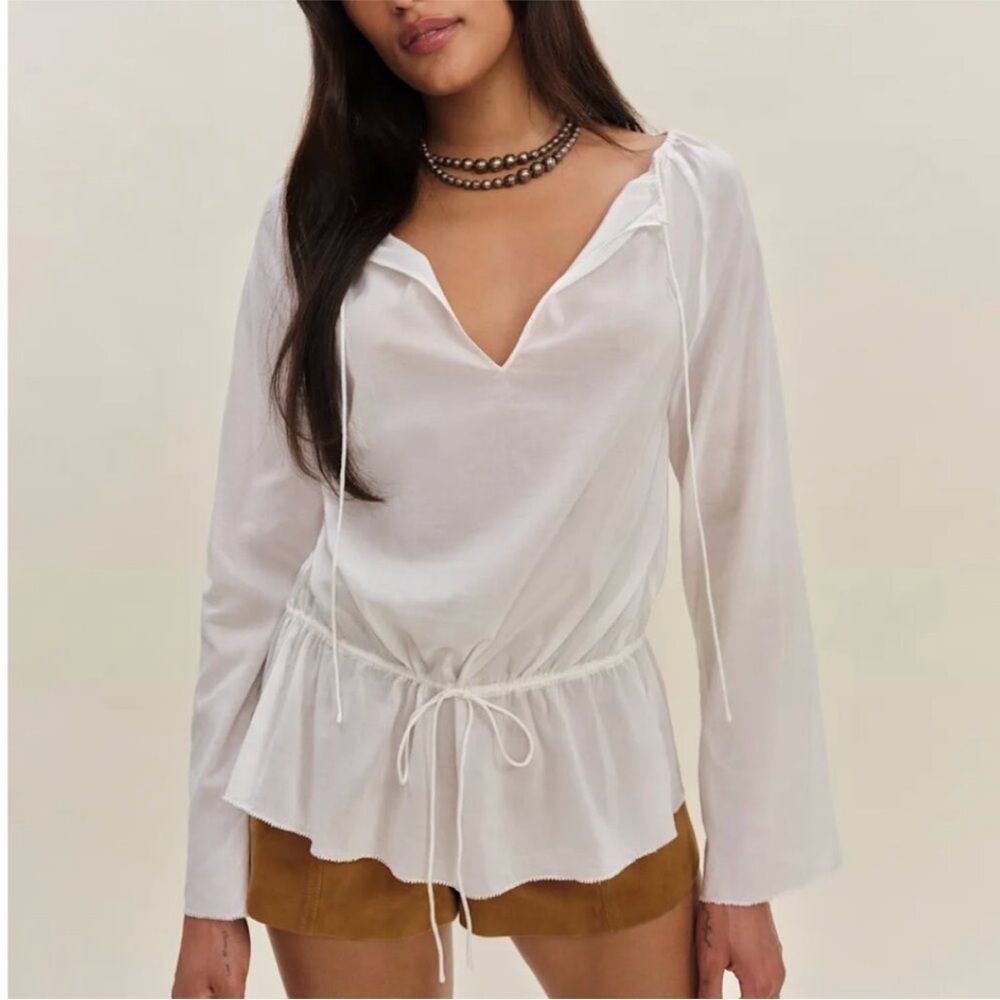 Reformation White Peasant Blouse with Drawstring Waist